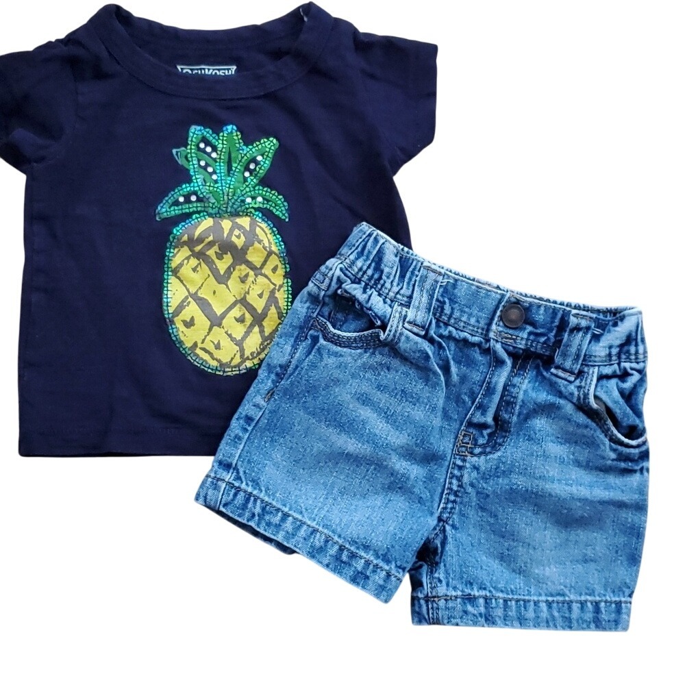 OshKosh Girls Navy‎ Pineapple Short Sleeve Shirt with Denim Shorts Outfit 6M